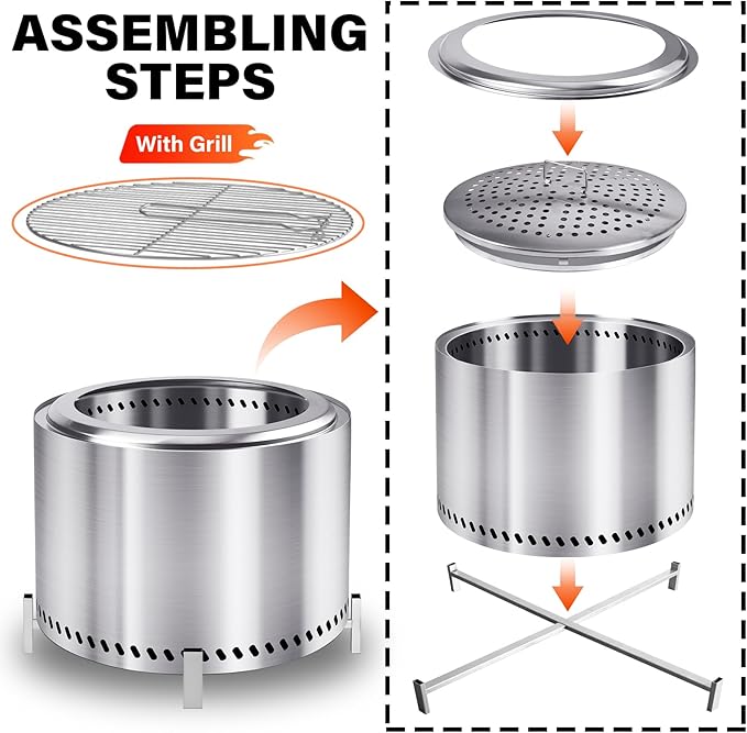 HGD 20" Smokeless Firepit with Stand & Grill Rack, Stainless Steel Wood Burning Fire Pit for Friends & Family Gatherings, Secondary Combustion Outdoor Patio Stove for Garden BBQ & Bonfire