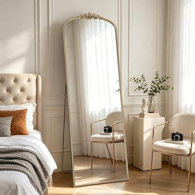 WallBeyond Gold Vintage Full Length Mirror with Stand for Vanity 24x70 Inch, Gold Antique Mirror with Ornate Frame, Arched Vintage for Bathroom, Living Room, Bedroom, Entryway