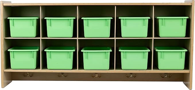 10-Section Wall Storage Unit for Kids with Lime Green Plastic Bins, Wood Hanging Cubbies with Hooks for Toys, Games, Craft Supplies [Birch Plywood]