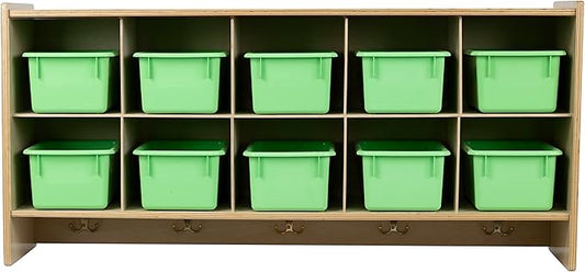 10-Section Wall Storage Unit for Kids with Lime Green Plastic Bins, Wood Hanging Cubbies with Hooks for Toys, Games, Craft Supplies [Birch Plywood]