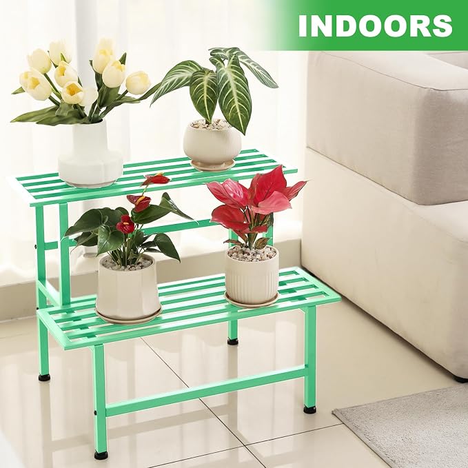 Dipion Metal Plant Stand Outdoor Plant Shelf Indoor,2 Tier Heavy Duty Ladder Plant Stands for Multiple Plants,26" L x 20.25" H x 17.75" W,Mint Green