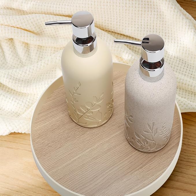 2pcs Hand Soap Dispenser Set, Sandstone Textured Resin Liquid Soap Dispensers for Bathroom Countertop, Heavy & Sturdy Dish Wash Soap Dispenser for Kitchen, Matte Beige