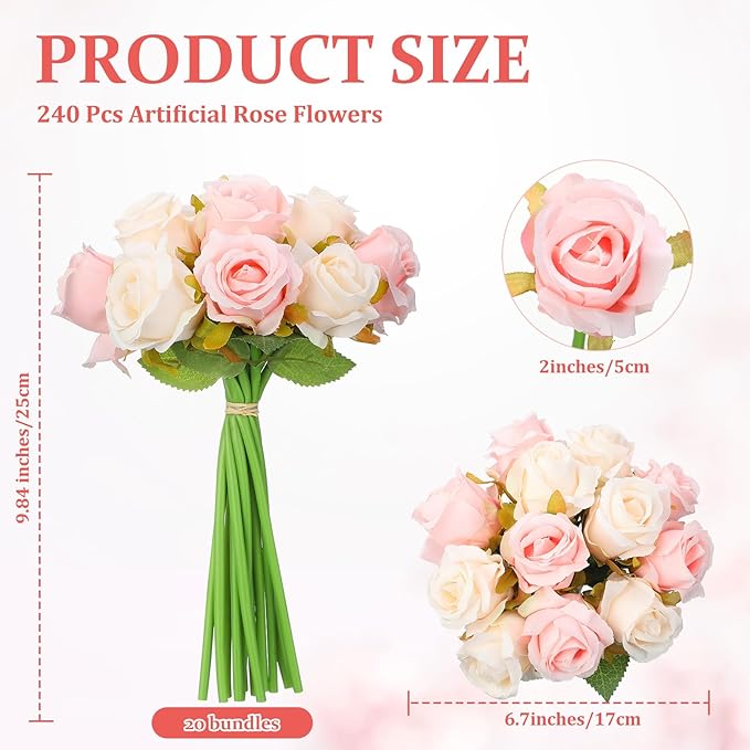 Jexine 240 Pcs Artificial Rose Flowers Bouquet Silk Realistic Flowers Bulk Centerpieces DIY Bride Fake Rose for Home Bridal Wedding Party Decorations(Pink and White)
