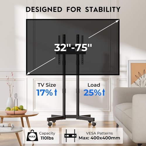 BONTEC Rolling TV Stand - Height Adjustable Mobile Cart for 32-75 Inch TVs | Supports Up to 110lbs, Dual-Column Design