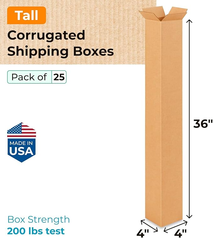 Tall Moving & Shipping Boxes 4"L x 4"W x 36"H (25-Pack) - Extra Strength 200 lb vs Regular - Corrugated Packing Boxes for Moving - Tall Box, Made in USA - Box for Packaging by IDL Packaging