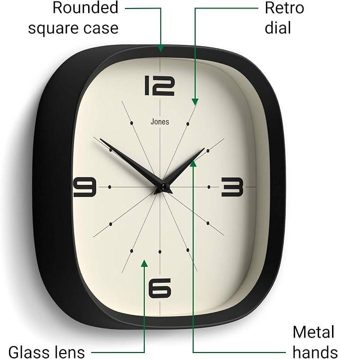 JONES CLOCKS® Pulsar wall Clock | Square Rounded Retro Clock | 10 inch | Black | Cool Designer Look for Kitchen, Living Room or Office