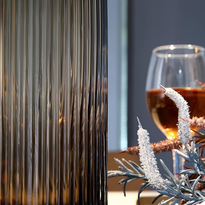 Small Cylinder Ribbed Brown Glass Flower Vase for Farmhouse Dining Table Centerpieces Decor