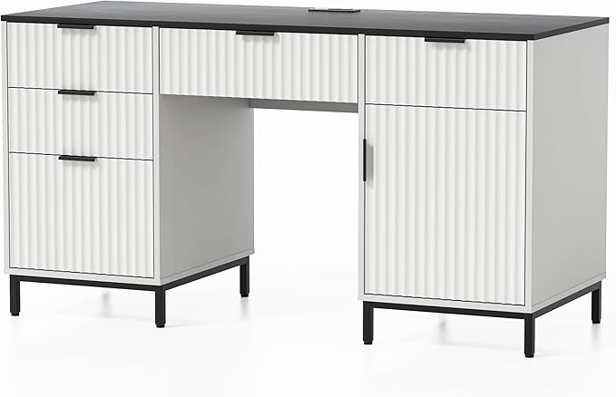 55" Fluted Executive Desk, Modern Wood Home Office Desk with Charging Station, Keyboard Tray, File Drawer, Storage Cabinet for Work Study Writing Desk, White and Black