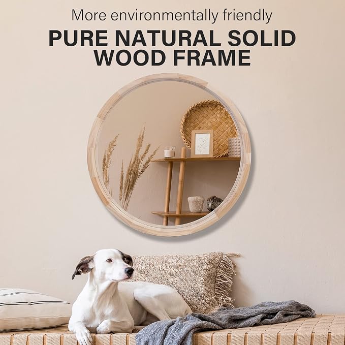 CONGUILIAO 24Inches Round Mirror Wood Wall Mirrors Decorative Circle Mirror, Nature Big Bathroom Large Vanity Mirrors for Living Room Bedroom Entryway Farmhouse