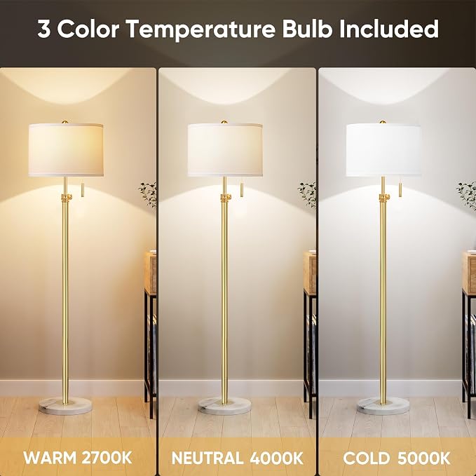 PARTPHONER Floor Lamp for Living Room, 66'' Adjustable Height Standing Lamp with Marble Base, 3-Color Tall Lamps with Pull Chain, Suitable for Bedroom, Reading, Office (Bulb Included, White Shade)