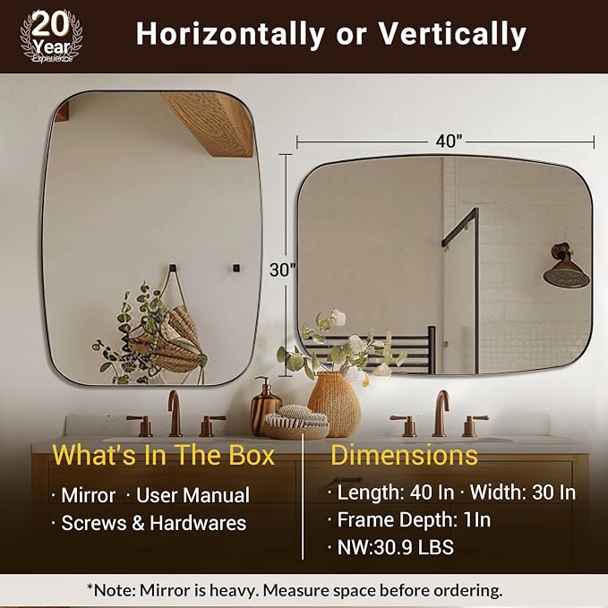 ANDY STAR Brushed Bronze Bathroom Mirror, 30x40” Oblong Mirror with Stainless Steel Metal Frame, Oval Vanity Mirror for Over Sink, Modern Anti Rust Wall Mounted