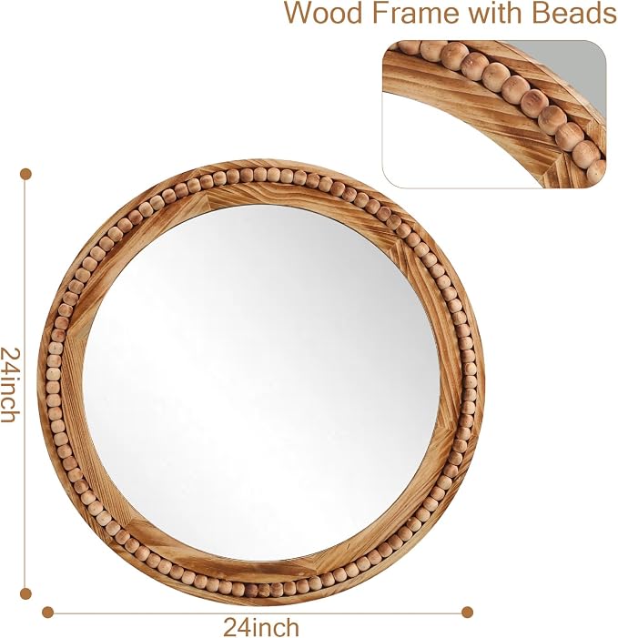 ULIKE Round Wood Mirror with Natural Wooden Bead Frame, 24 Inch Rustic Farmhouse Wall Mirror for Bathroom Nursery Bedroom Living Room Brown