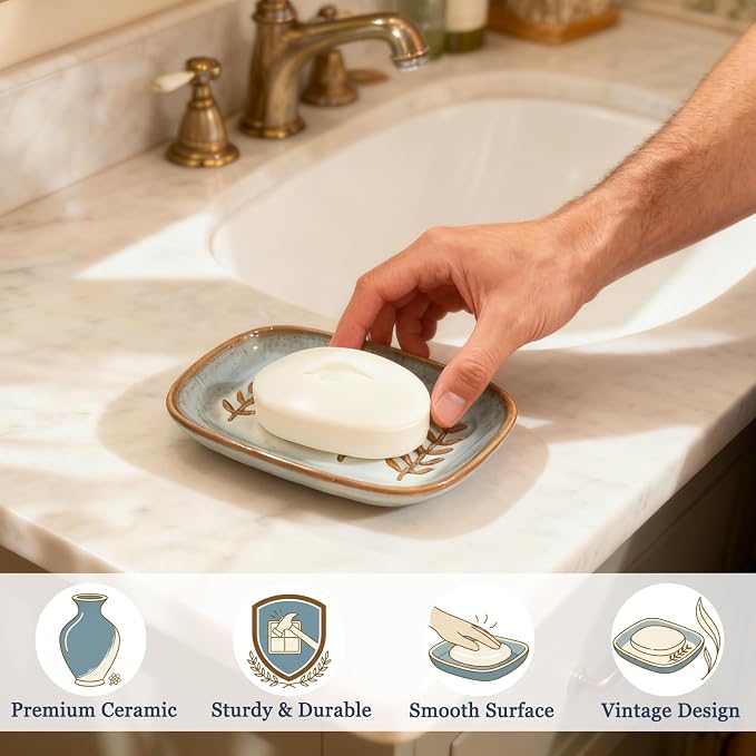 HighHerz Aesthetic Ceramic Soap Dish for Shower, Soap Holder with Raised Relief, Shower Soap Dish for Shampoo Bar Or Sponge, Soap Saver for Bathroom, Kitchen, Sink, Decorative Soap Tray(Grey&White)