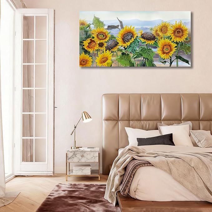 Ardemy Sunflower Wall Art Canvas Flower Yellow Picture Floral Landscape Painting for Living Room, Nature Large Framed Artwork Bedroom Bathroom Dining Room Home Office Wall Decor 40"x20"