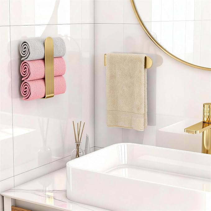 2 Pack Gold Hand Towel Holder, Adhesive Towel Bars Wall Mounted, 8 Inch Square Hand Towel Racks Stick on Wall for Bathroom Kitchen