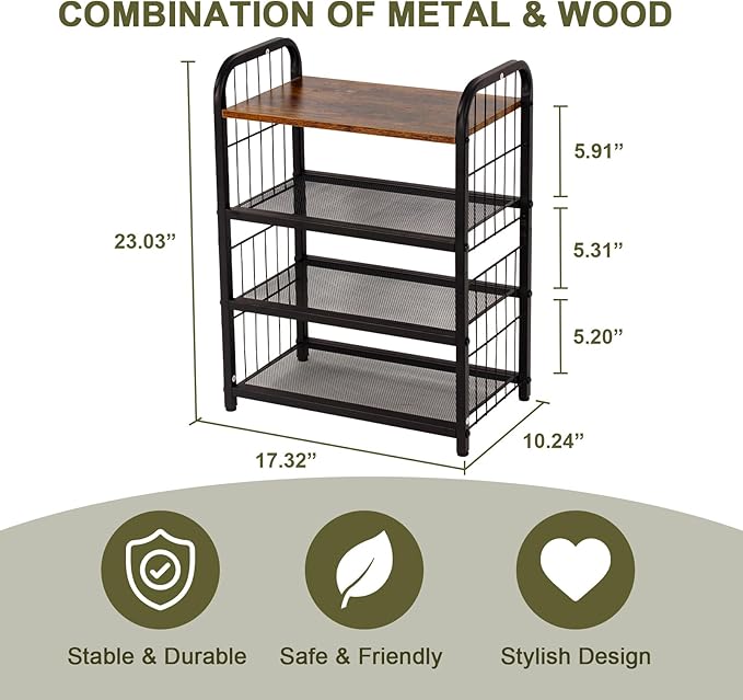 BWOORACKU Shoe Rack, 4-Tier Shoe Organizer with Guardrails, Heavy-Duty Metal Mesh Shelves & Rustic Wooden Top for Stylish Closet & Front Door Storage