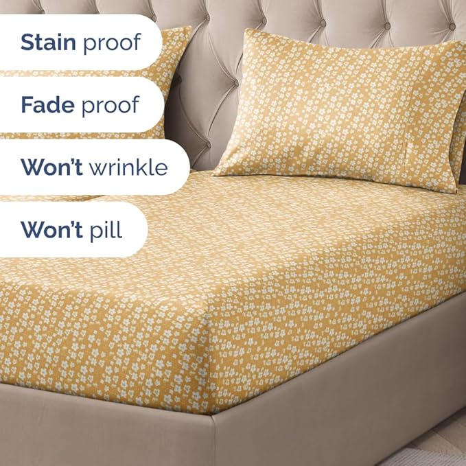 Floral Sheets - Yellow Floral Bed Sheet Set - 1 Flat, 2 Fitted & 2 Pillowcases w/ Deep Pockets - Wrinkle & Fade Free - Boho Botanical Bedding - Ultra-Soft, Breathable & Cooling - Split King Size Set