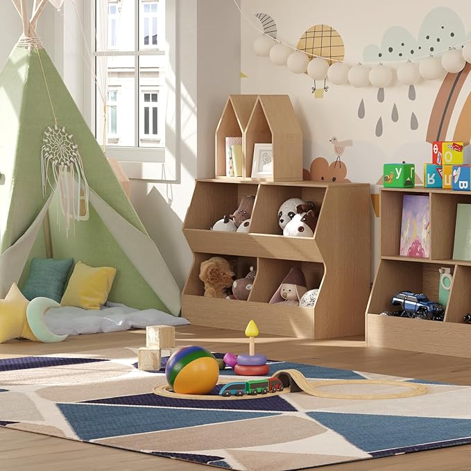 DINZI LVJ Kids Bookshelf, Toy Storage Organizer, Wooden Toy Storage Cabinet, 4 Cubby Children Bookcase, 43.3" L Toddler Book Shelf for Bedroom, Nursery, Hallway, School, Natural