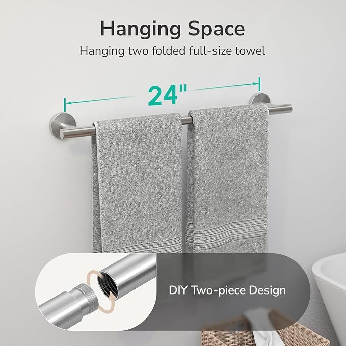 USHOWER 2-Pack Brushed Nickel Towel Bar, 24-Inch Towel Racks for Bathroom Wall-Mounted, SUS304 Stainless Steel Towel Rod (Total Length 26-Inch)