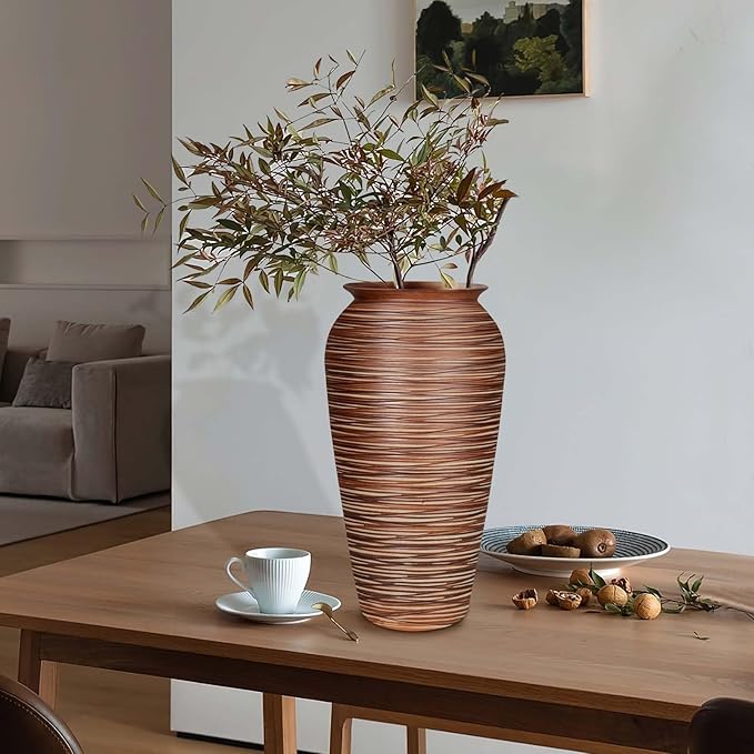 Ceramic Rustic Floor Vase,12" Large Farmhouse Flower Vases for Home Decor,Tall Boho Stain Resistant Decorative Vase for Living Room,Entryway,Office,Shelf,Centerpieces Decor (Goldenbrown)