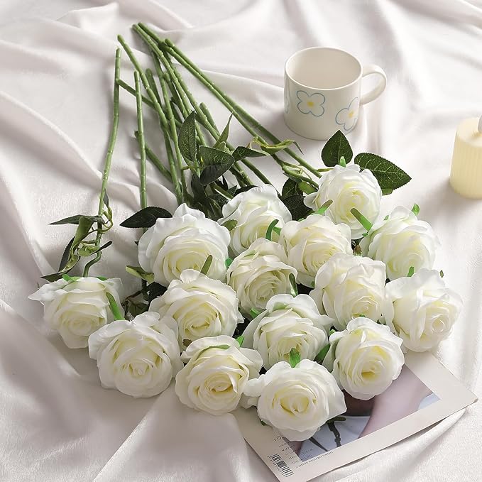 Kisflower 60 Pcs White Roses Artificial Flowers Bulk, Silk Roses with Stem Realistic White Artificial Roses for Decoration DIY Wedding Bouquet Bridal Shower Party Home Table Centerpieces Decor (White)