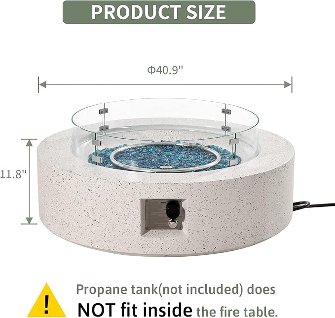COSIEST Outdoor Propane Fire Pit Coffee Table w Terrazzo White 40.5-inch Round Base Patio Heater, Certified, 50,000 BTU Stainless Steel Burner, Wind Guard, Aqua Blue Fire Glass, Rain Cover