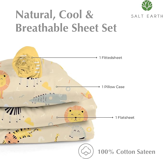 Salt Earth 100% Cotton 210TC Kids Bedsheet, Twin Sheets Set, Toddler Bed, 3 Piece Bedding Set Including Flat Sheet, Fitted Sheet & Pillowcase, Themed Cute Sheets Kids Bed (Summerland/Yellow Pillow)