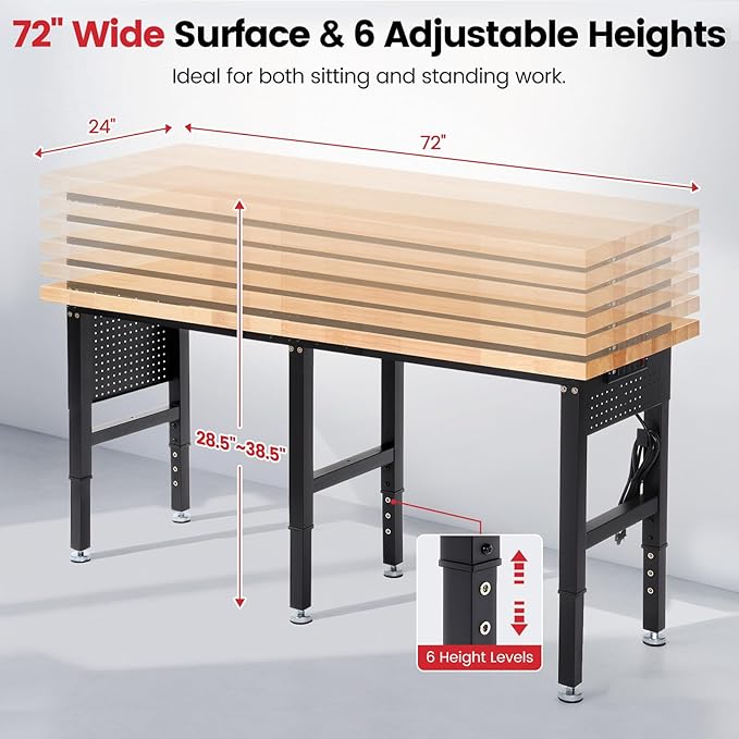 Workbench 72 x 24 Inch Heavy Duty Adjustable Height Work Table with Power Outlets & Extended Pegboard 5000 lbs Load Capacity for Garage, Workshop, Home, Office