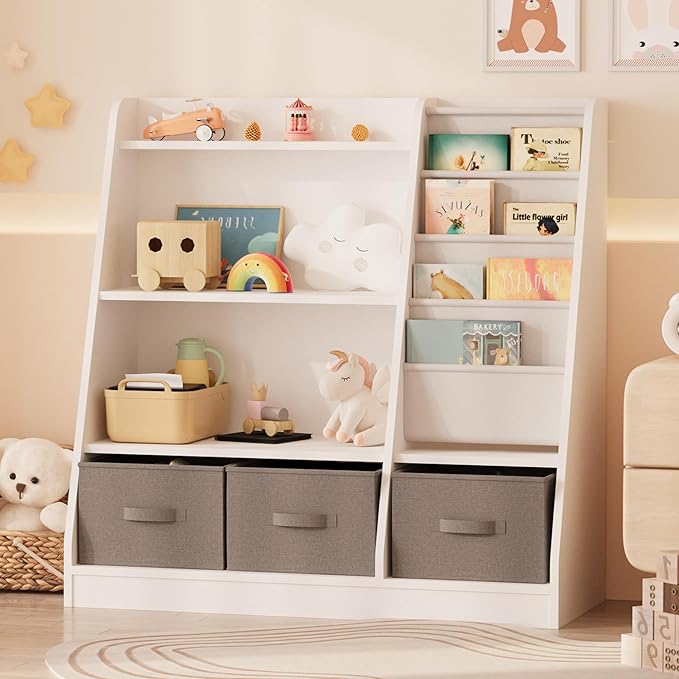 NACHES Kids Bookshelf and Toy Storage Organizer, Montessori Nursery Book Shelves with Sling Rack & Fabric Toy Bins, Toddler Baby Bookcase, Wooden Toy Shelf for Kids Room, Playroom, White-White