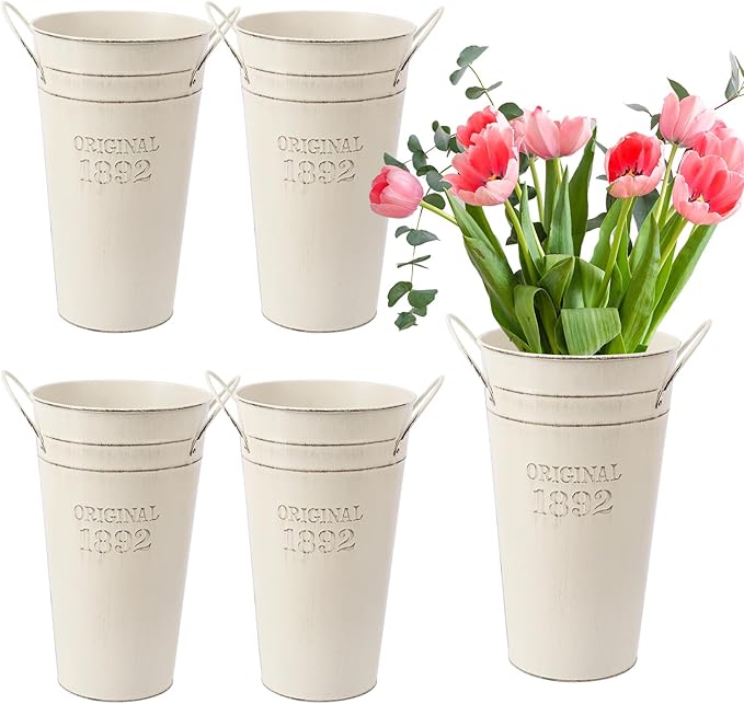 5 Packs 10 Inch Galvanized Metal Flower Vases with Handles, Rustic French Metal Flower Buckets for Cut Flowers, Country Wedding, Table Centerpiece Decorations(Milky White)
