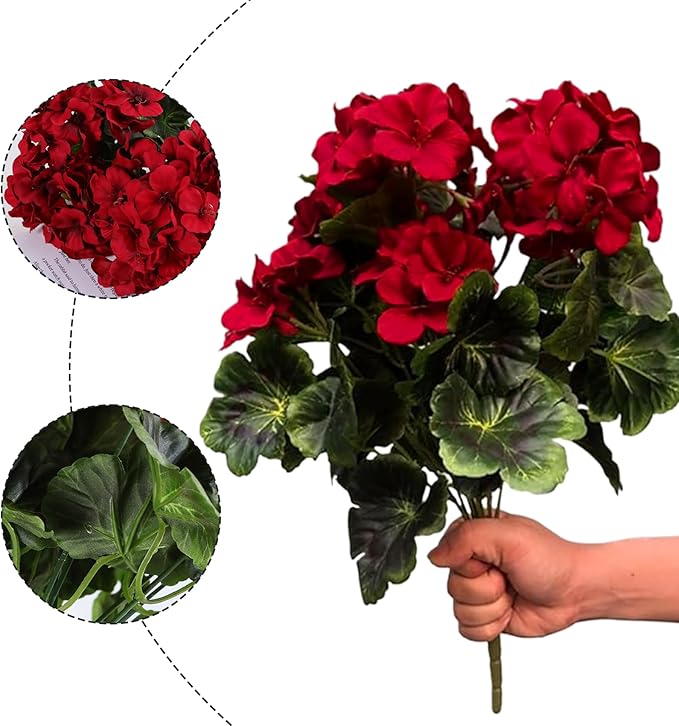 Artificial Geraniums 2Pcs 18 Inch 9 Heads Geraniums Artificial Flowers Realistic Vibrant Fade-Resistant Flowers for Wedding Home Party Decor, Red