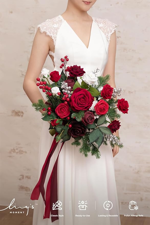 Ling's moment Christmas Red Wedding Bouquets for Bride, Xmas Winter Bridal Bouquets for Bride,13 Inch Free Form Artificial Wedding Flower Bouquet