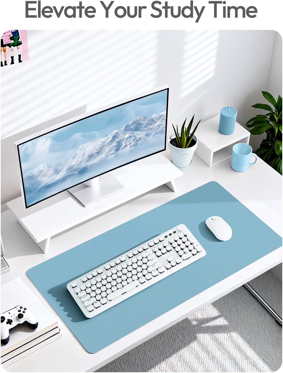 YSAGi Leather Desk Protector - Large Non-Slip PU Leather Office Mat | Waterproof Writing Pad (Sea Blue, 47" x 17")
