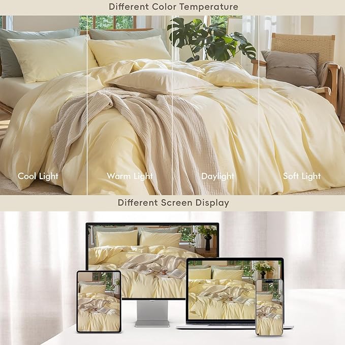 MooMee Bedding Duvet Cover Set 100% Washed Cotton Linen Like Textured Breathable Durable Soft Comfy (Heathered Butter Yellow, King 104"x90")