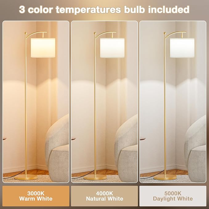 Ambimall 60" Floor Lamp for Living Room with 3 Color Temperatures, Adjustable White Shade with Gold Pole, Tall Lamp for Bedroom Office Classroom Dorm Room, 9W LED Bulb Included