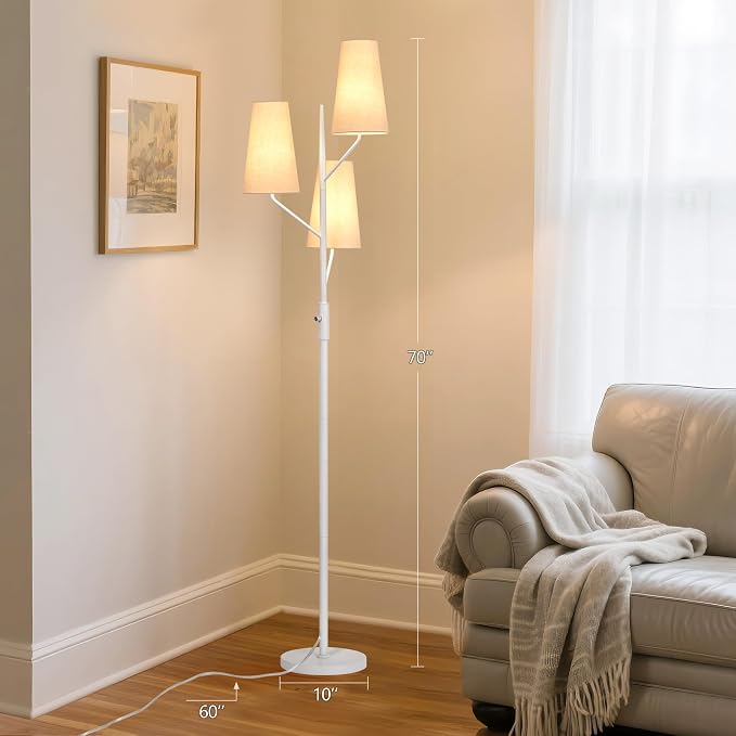 SRJJA Industrial Floor Lamp for Living Room, 70" Tall 3-Light Tree Standing Lamp with White Pole, Farmhouse Rustic Reading Floor Lamps for Bedroom, Office and Study(Bulb Not Included)