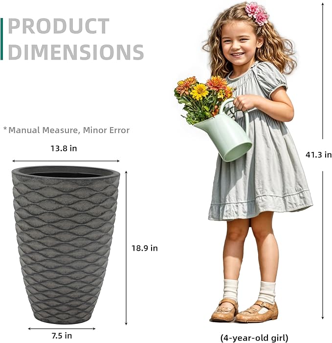 19" Resin Tall Outdoor Planters (Set of 2), Rustic Washed Black Finish Flower Pots with Wave Texture, Weather-Resistant for Porch, Garden, or Patio