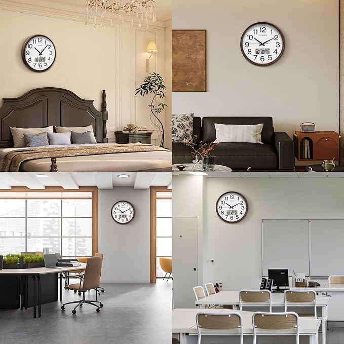 TIMESS Wall Clock, Classic Wood Style Finish, 16 Inch Non-Ticking Silent Battery Operated Quartz Analog with Perpetual Calendar and F° Temperature Display, Home, Office Décor (Wood Brown)
