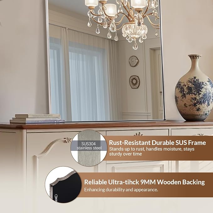 ANDY STAR Arched Mirror, 20" x 30" Brushed Nickle Bathroom Mirror in Stainless Steel Metal Frame, Arch Top Rounded Corner 1" Deep Set Design Wall Mount Hangs Vertical