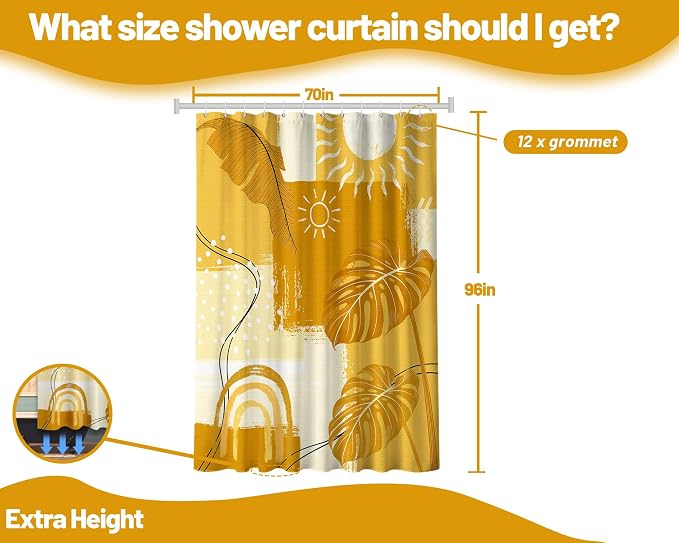Extra Tall Shower Curtain XL Mustard Mid Century Modern, 70 x 96 in | for Extra Long 96 Inchs Shower, Yellow Abstract Pattern Design, Large Bathroom Decor Sets Waterproof Cloth Fabric, with Hooks