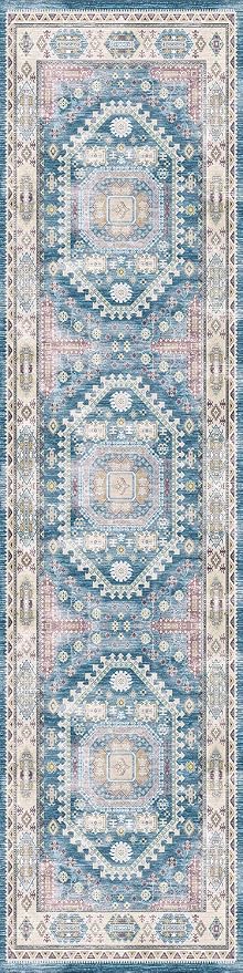 vivorug Blue Runner Rug 2x10 Machine Washable Rug with Non-Slip Backing, Ideal for Kitchen Hallway Entryway Laundry Room - Vintage, Durable, Easy Clean, Low Pile Carpet Runner