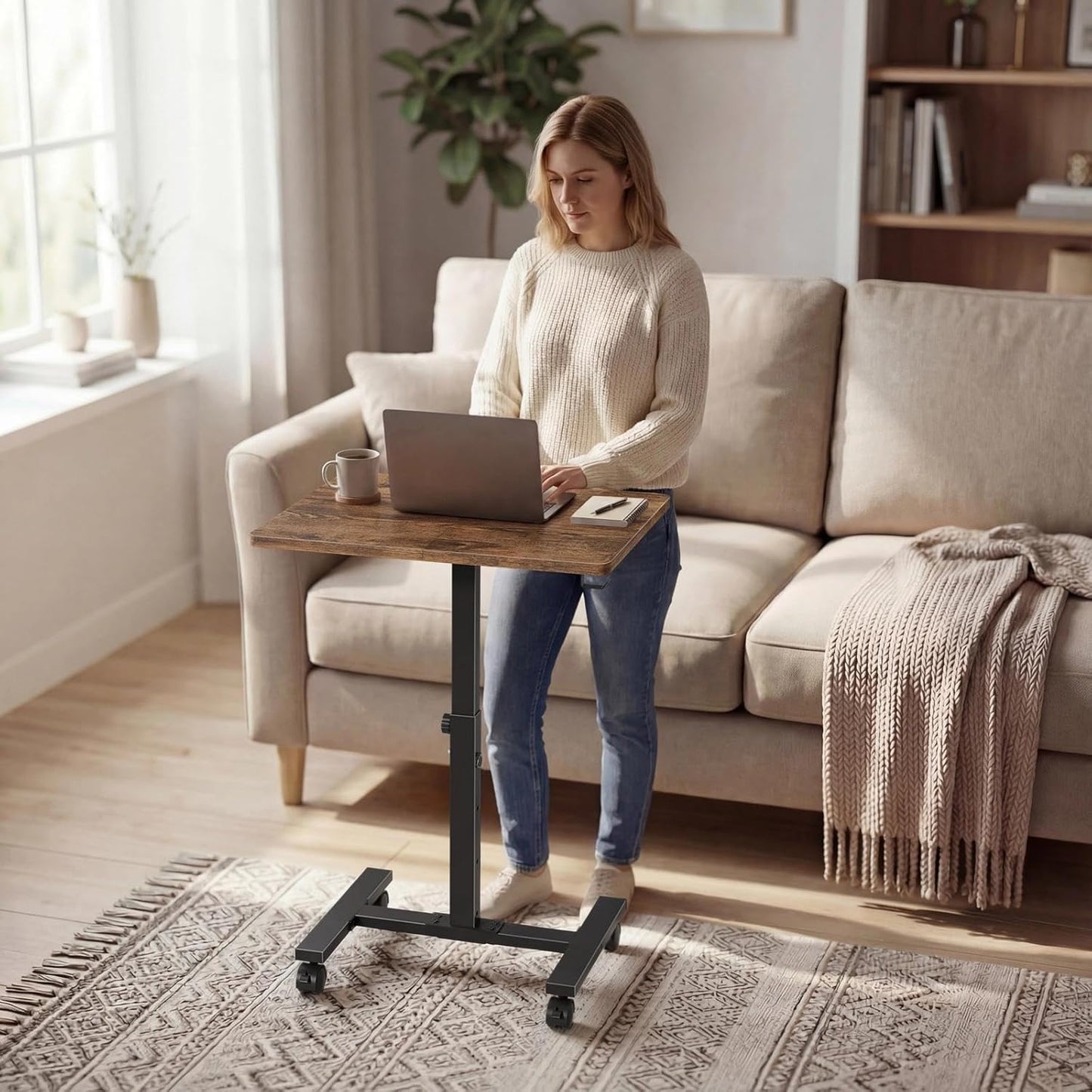 Small Portable Standing Desk by [Brand Name] - 24-Inch Adjustable Height Mobile Desk on Wheels | Rustic Brown for Kids & Small Spaces
