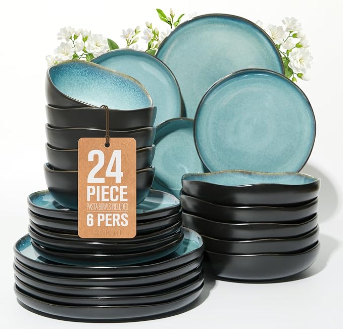 Pokini 24 Pieces Dinnerware Set for 6 with Pasta Bowls, Complete Ceramic Dish Set, Stackable & Glossy Stoneware Plate and Bowl Set for Effortless Everyday Hosting, Green Black