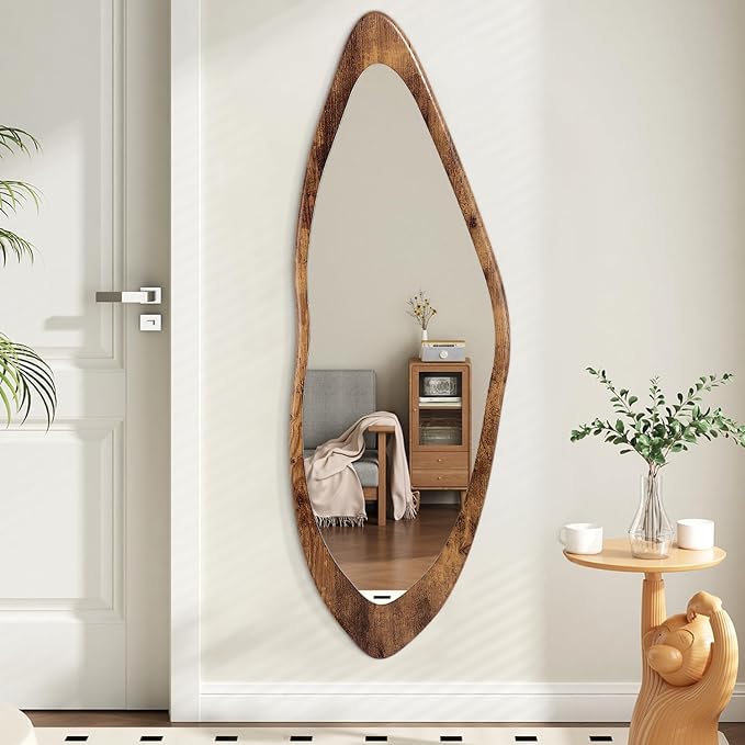 AAZZKANG Large Mirror with Wood Framed 47"x16" Retro Irregular Wall Mirrors Full Length Asymmetrical for Bedroom Living Room Entryway Dressing Room