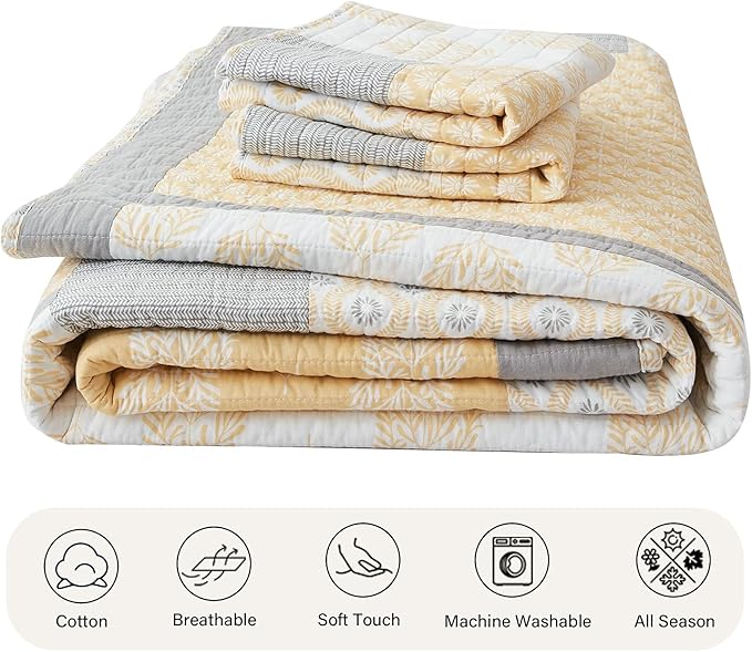 PANGUSHAN Twin Quilt Set,100% Cotton Patchwork Quilt Set Bedspread,Yellow Floral Quilt Bedding Set for Twin Bed,Gray(Grey)/Yellow/White Reversible Lightweight Comforter Bed Spread,2 Pieces