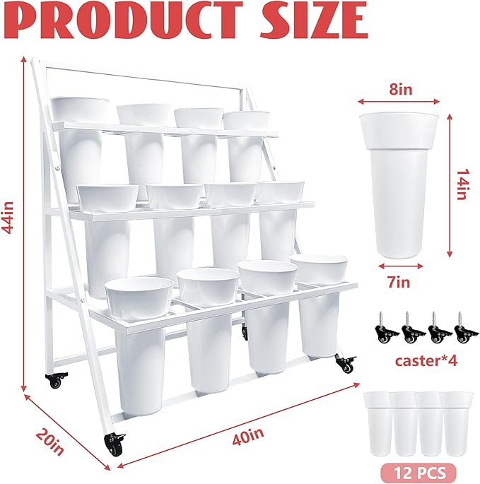 PROLEE Flower Display Stand with 12 Buckets, Flower Cart 3 Layers, Flower Stand Metal with Wheels, Moving Florist Bouquet Shelf, Triangular Rack, White