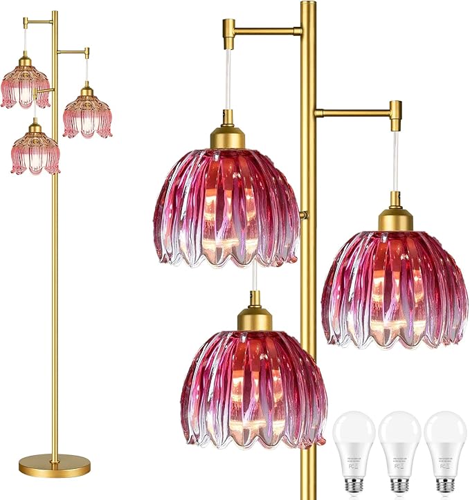 QIYIZM Pink Floor Lamp for Living Room,Bedroom,Gold Mid Century Modern Standing Lamp Brass Tree 3 Light Tall Floor Lamps Vintage Retro Floor Lights Glass Flower Lamp Shade Farmhouse Boho Bohemian