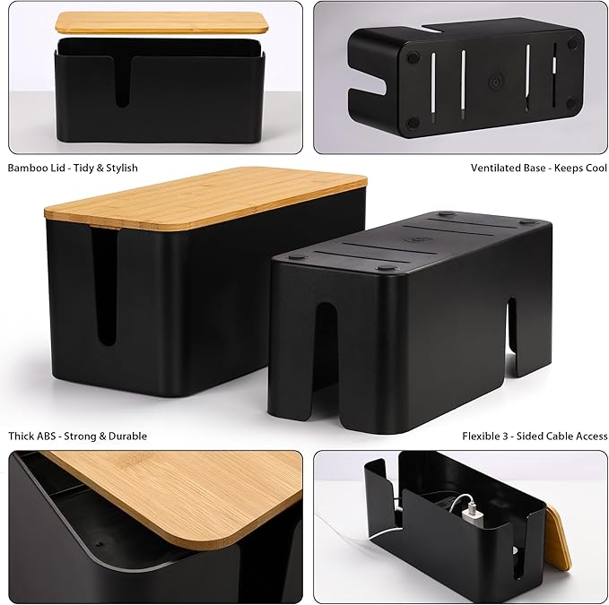 ZhiYo Bamboo Lid Cord Organizer Box, 2Pack Large Cable Management Box, Safe ABS Wire Organizer for TV and Computer, Wood Cover Cord Hider to Hide Wires, USB Hub & Under Desk Power Strip, Black
