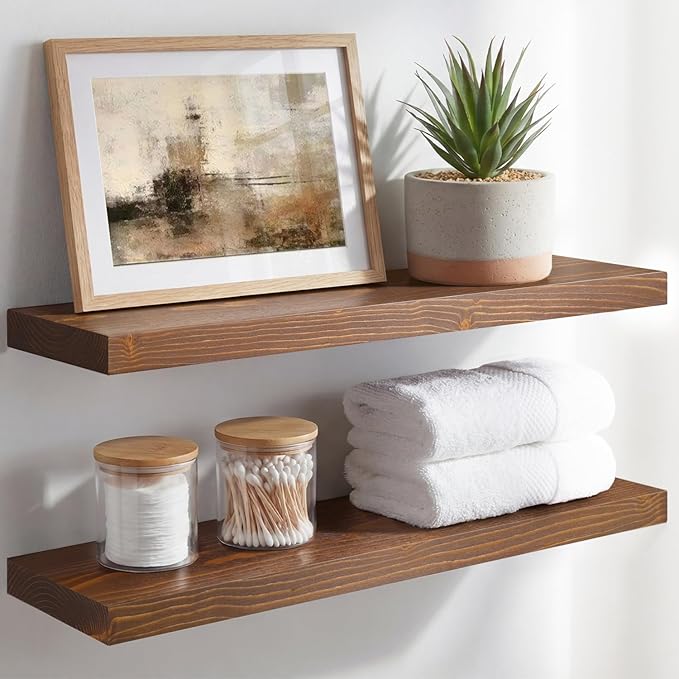 Homeforia Classic Walnut 24 inch Floating Shelf, High End Solid Real Wood Small 24inch Floating Shelves for Wall Mounted, 24in Floating Shelves, Heavy Duty Bracket, 24 X 6.5 X 1.75 inches, Set of 4