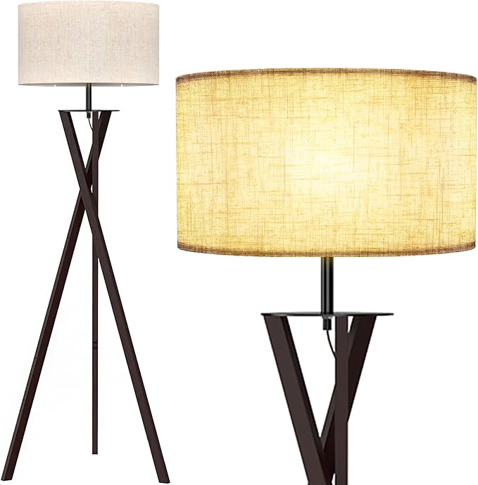 LEPOWER Tripod Floor Lamp, Mid Century Wood Floor Lamp with Flaxen Lamp Shade and E26 Lamp Base for Living Room, Bedroom and Office